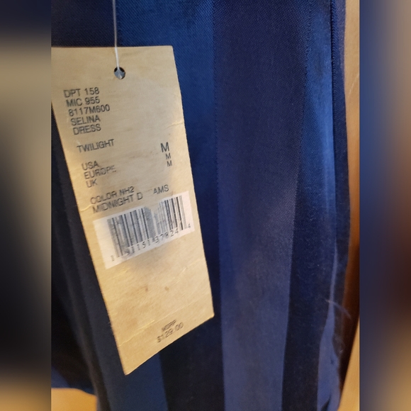 NWT Cremieux M Navy Blue Selina Satin Striped Tulip Dress Bell Sleeves Elegant - Picture 7 of 7